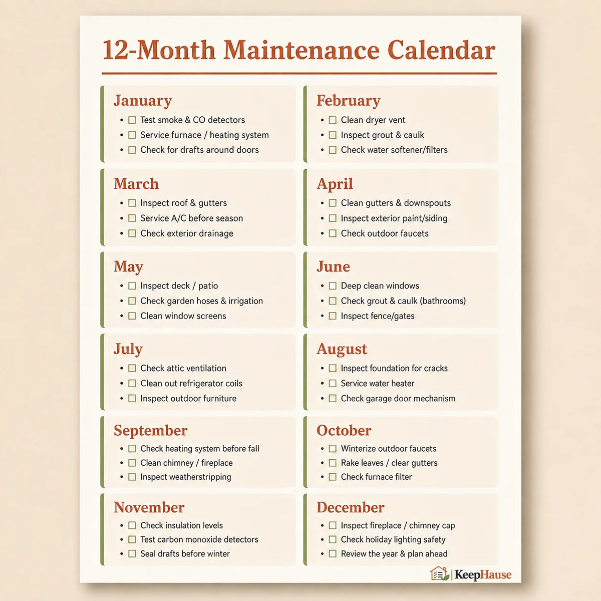 12-Month Home Maintenance Calendar printable